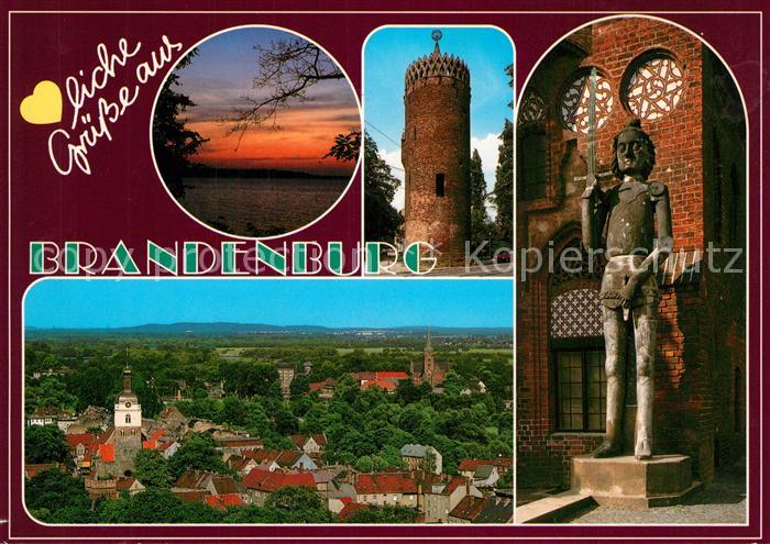 Brandenburg Havel Sonnenuntergang am Breitlingsee Plauer Torturm Rolandstatue St
