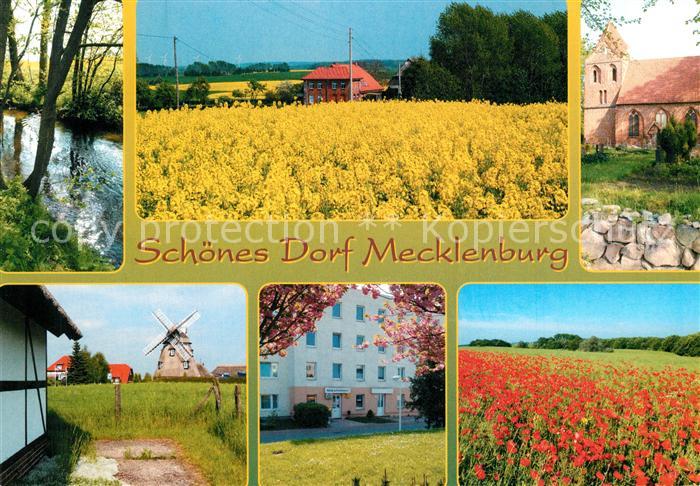 Dorf Mecklenburg Bachlauf Rapsfelder Kirche Mohnfeld Windmuehle