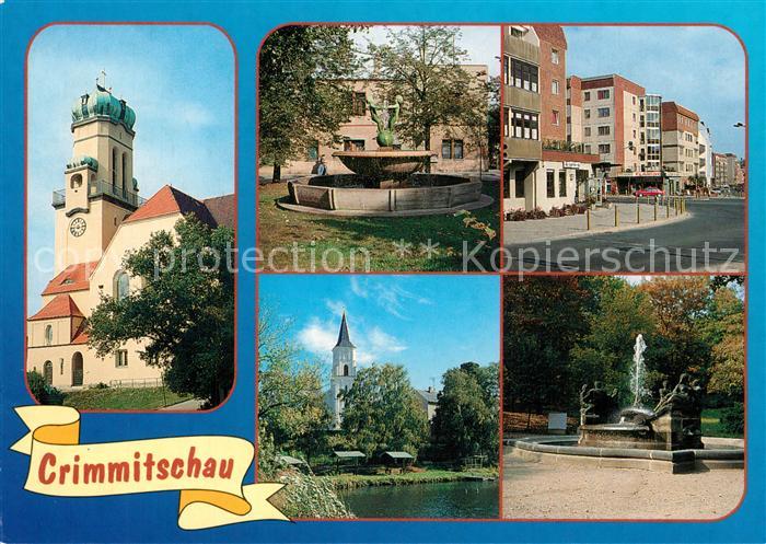 Crimmitschau Kirche Brunnen Plattenbauten Innenstadt Park Partie an der Pleisse