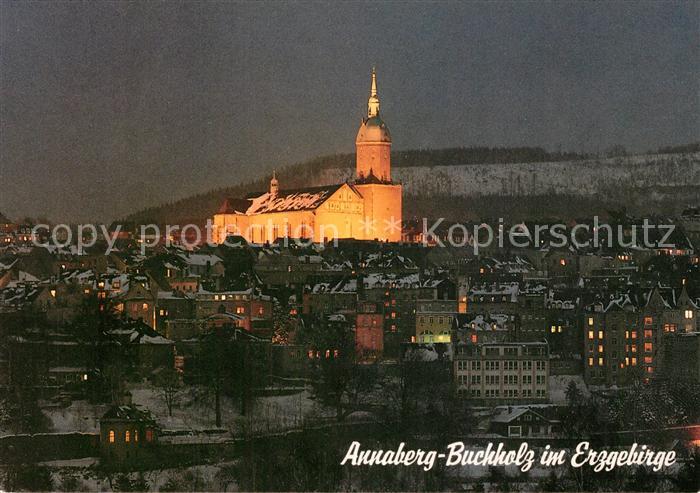 Annaberg-Buchholz Erzgebirge Stadtpanorama St Annenkirche mit Poehlberg Nachtauf