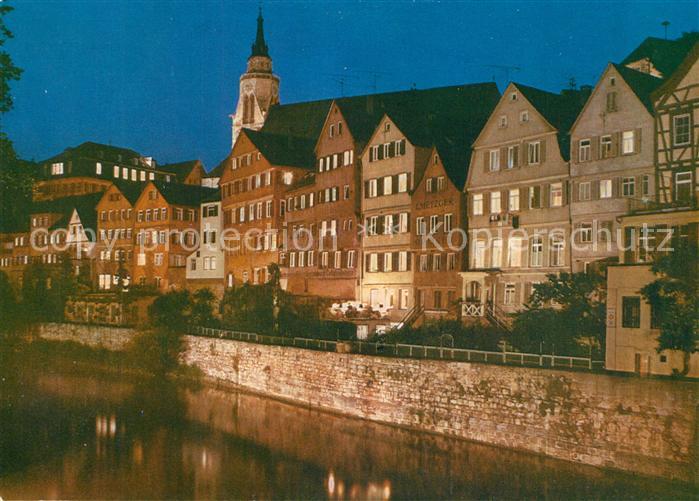 Tuebingen Haeuserpartie am Neckar Stiftskirche am Abend