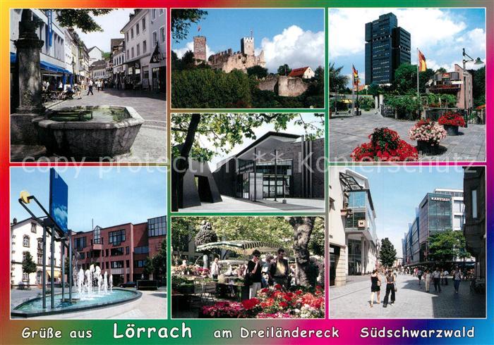 Loerrach Brunnen Burgruine Hochhaus Stadtplatz Park Strassenpartie