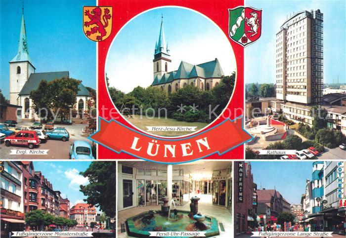 Luenen Ev Kirche Herz Jesu Kirche Rathaus Fussgaengerzone Persil Uhr Passage Lan