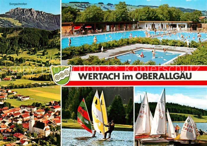 Wertach Stadtblick Schwimmbad Surfer Segelboote