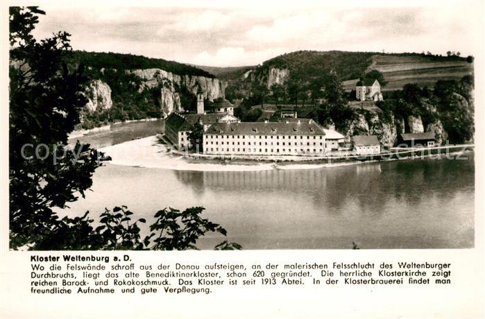 Weltenburg Kelheim Blick ueber die Donau zum Kloster Franckh Chronik Karte