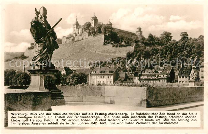 Wuerzburg Blick von der alten Mainbruecke auf Festung Marienberg Statue Kosmos C