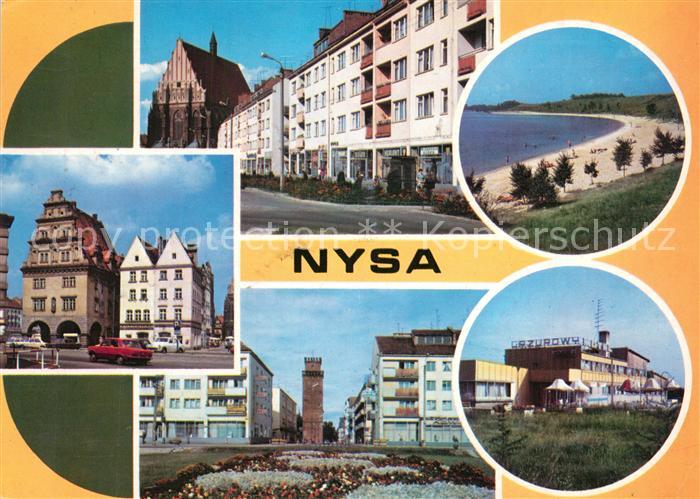 Nysa Haeuserpartien Innenstadt Turm Hotel Restaurant Strand
