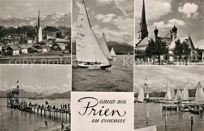 Prien Chiemsee Panorama Kirche Segelboote Steg