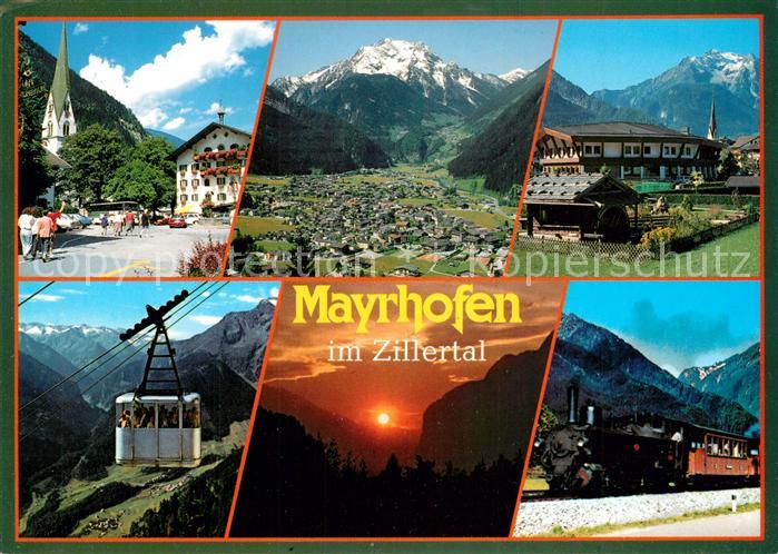 Mayrhofen Zillertal Ortspanorama Gruenberg Europahaus Penken Seilbahn Abendstimm