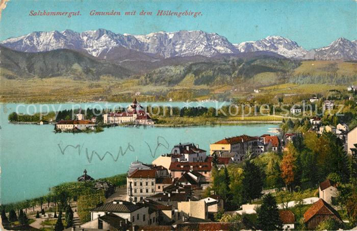 Gmunden Salzkammergut Fliegeraufnahme Seepartie mit Hoellengebirge