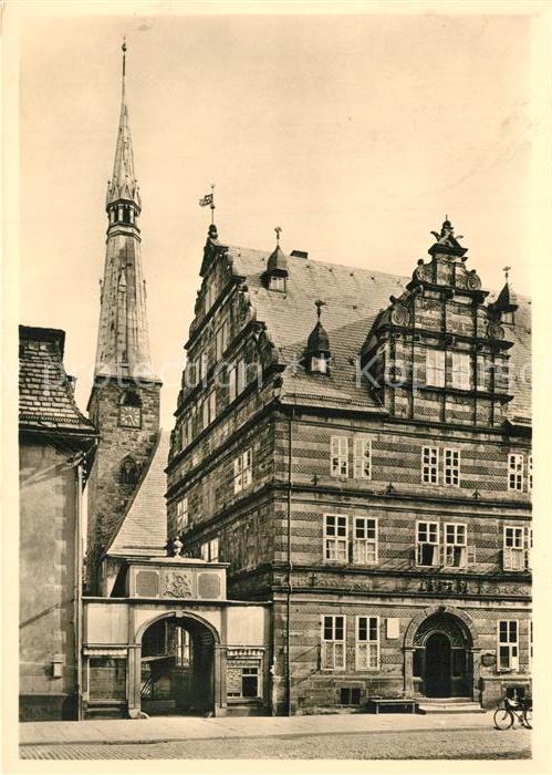 Hameln Weser Baeckerscharren Hochzeitshaus Rathaus Turm der Marktkirche