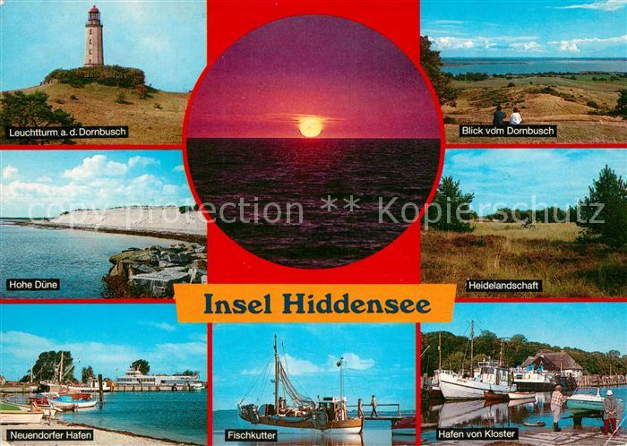 Insel Hiddensee Leuchtturm Dornbusch Hohe Duene Heidelandschaft Hafen Fischkutte