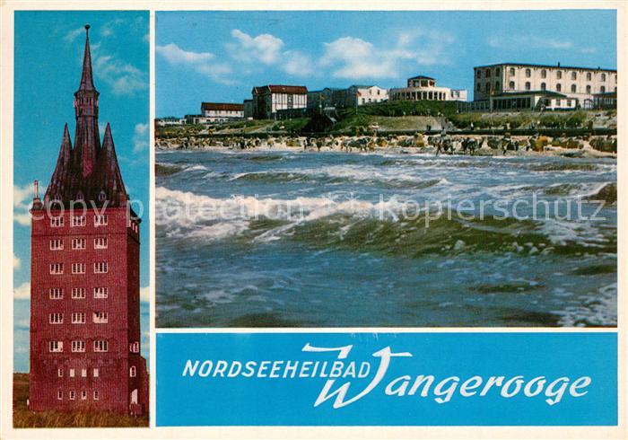Wangerooge Nordseebad Westturm Blick zum Strand vom Meer aus Brandung