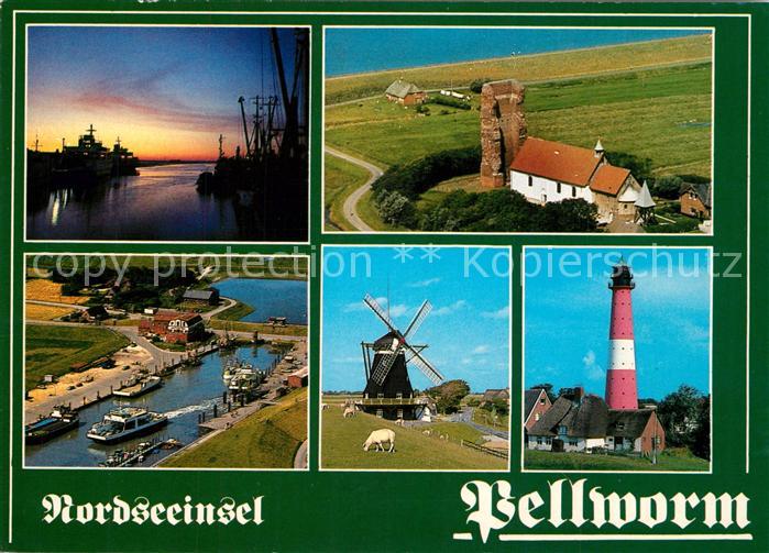 Pellworm Sonnenuntergang am Hafen Windmuehle Leuchtturm Alte Kirche Fliegeraufna