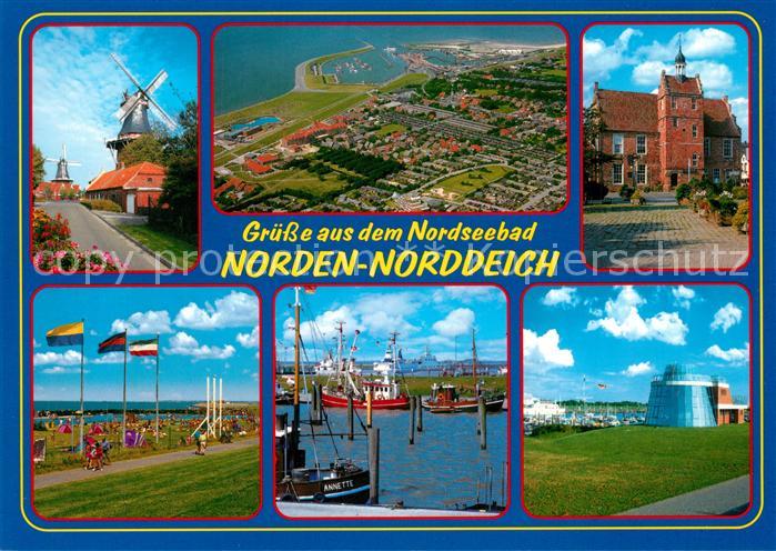 Norden Norddeich Ostfriesland Windmuehle Hafen Fischkutter Strand Fliegeraufnahm