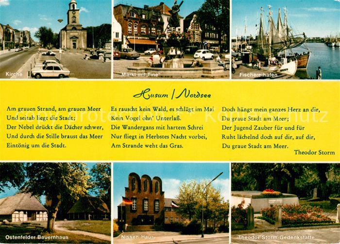 Husum Nordfriesland Kirche Markt mit Tine Brunnen Fischereihafen Fischkutter Ost