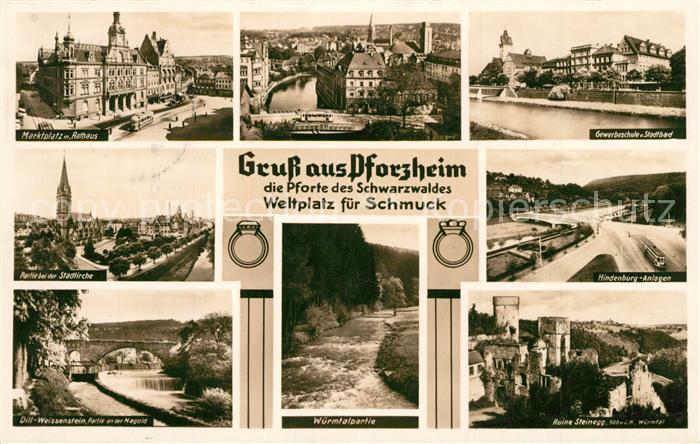 Pforzheim Marktplatz Gewerbeschule Hindenburg-Anlagen Wuermtalpartie Ruine-Stein