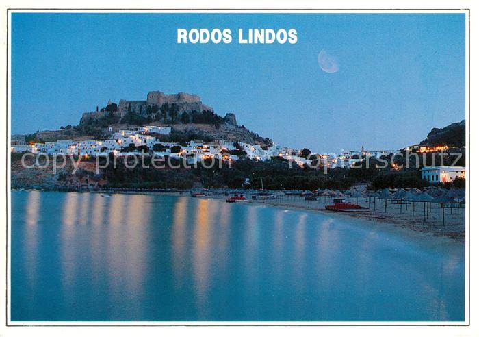 Lindos Lindo Panorama mit Akropolis Strand Bucht Abendstimmung