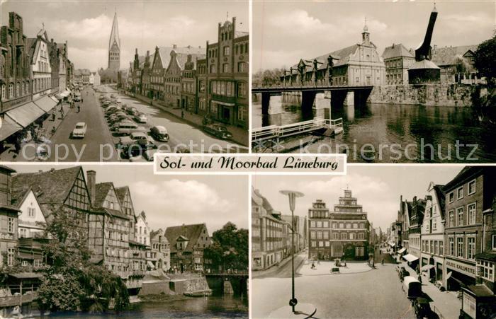 Lueneburg Am Sande Kran mit Kaufhaus Haeuserpartie am Fluss Innenstadt