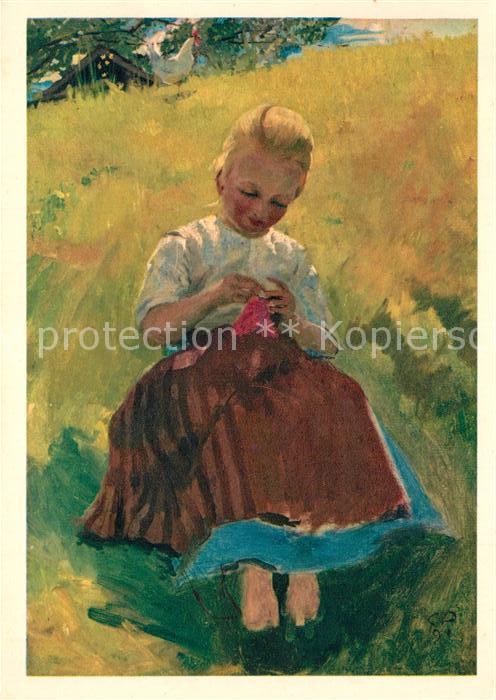 Kuenstlerkarte Cuno Amiet Oschwand bei Riedtwil Maedchen Stricken