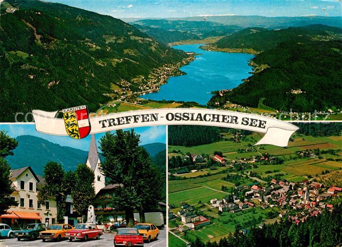 Treffen Ossiacher See Kaernten Ortsmotiv mit Kirche Fliegeraufnahmen