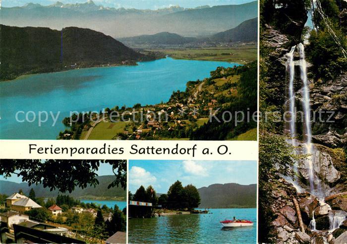 Sattendorf Panorama gegen Julische Alpen Motorboot Wasserfall