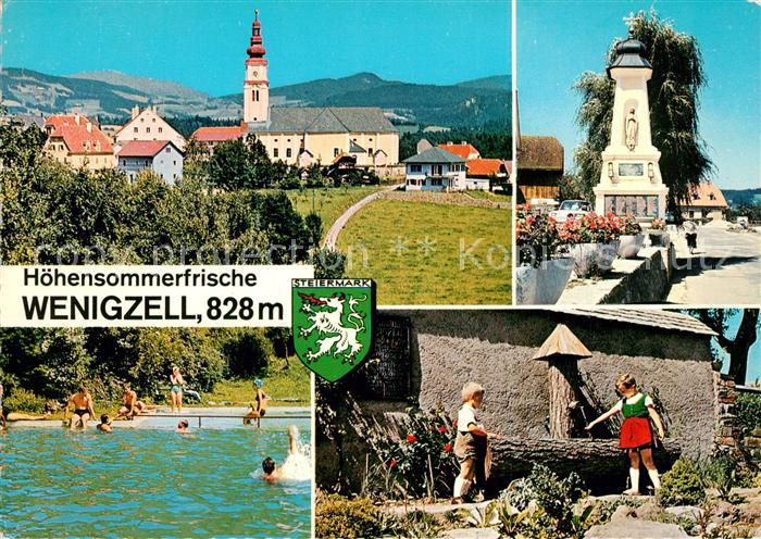 Wenigzell Ortsmotiv mit Kirche Denkmal Brunnen Freibad Wappen