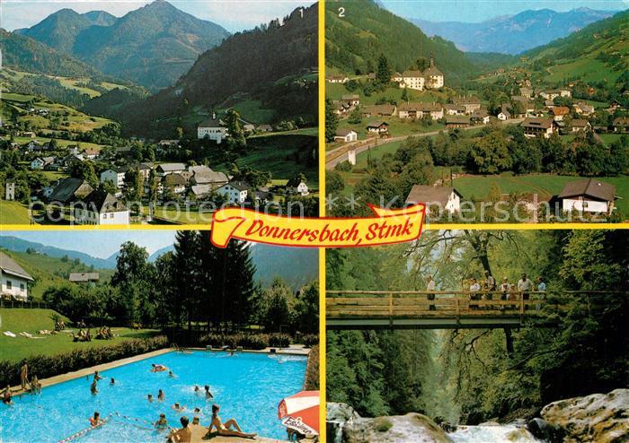 Donnersbach Gesamtansicht Alpenpanorama Holzbrueck Wildbach Freibad