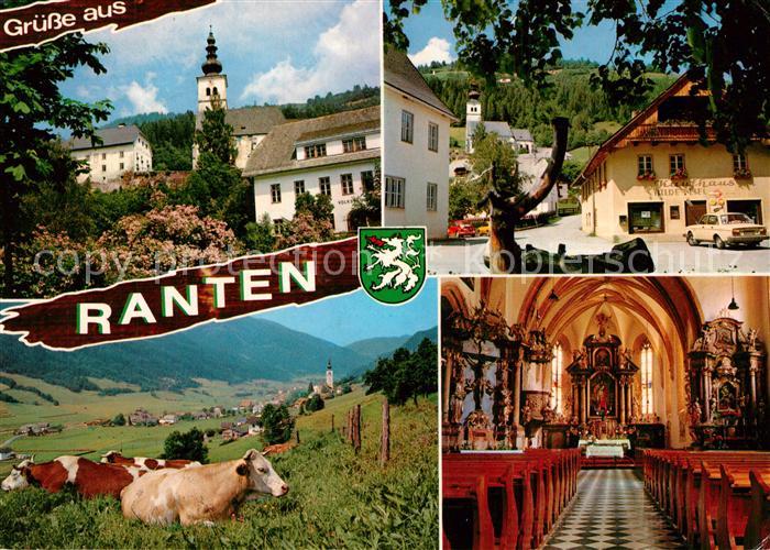 Ranten Ortsansicht mit Kirche Innenansicht Altar Brunnen Viehweide Kuehe