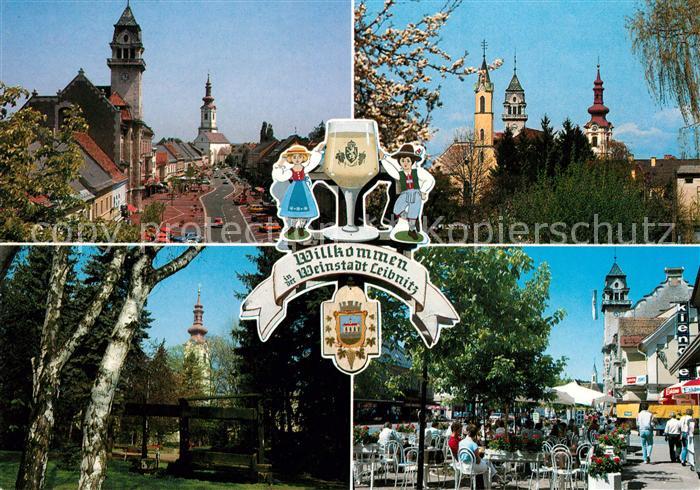 Leibnitz Ortsmotive mit Kirche Park Strassencafes Wappen