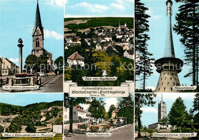 Bischofsgruen Kirche Ehrenmal Blick vom Huegelfelsen Fernsehturm Maintal Postpla