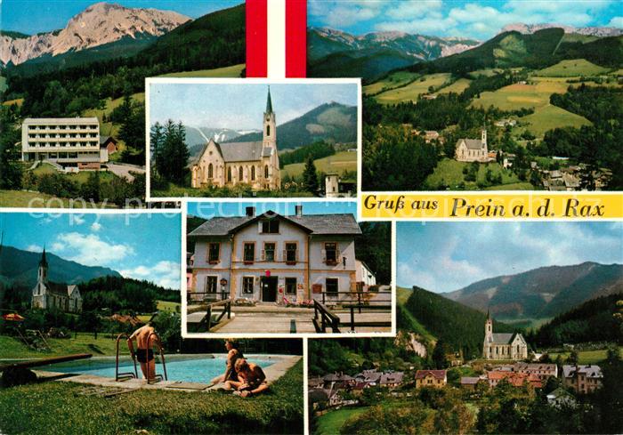 Prein Rax Panorama Blick gegen die Rax Kirche Hotel Gaststaette Swimming Pool