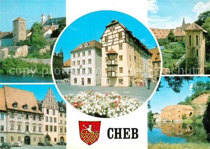 Cheb Eger Blick zur Altstadt Burgruine Stadtmauer Innenstadt Partie am Fluss