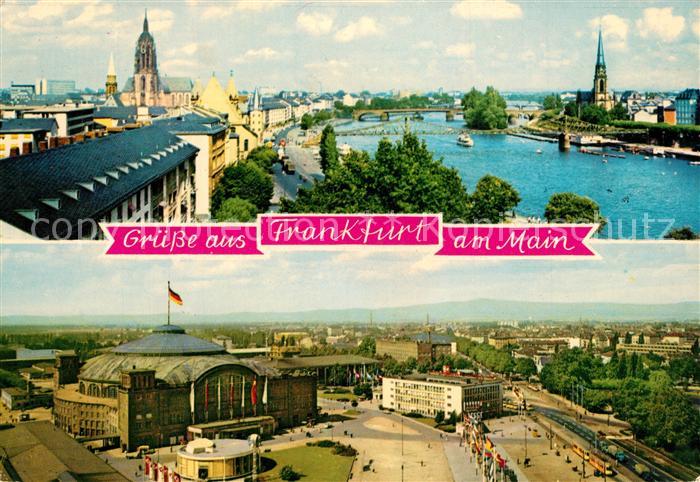 Frankfurt Main Mainpartie mit Dom und Dreikoenigskirche Messegelaende und Festha