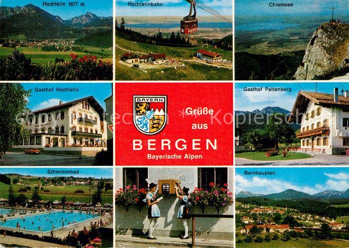 Bergen Chiemgau Panorama mit Bayerischen Alpen Gasthof Freibad Briefkasten Trach