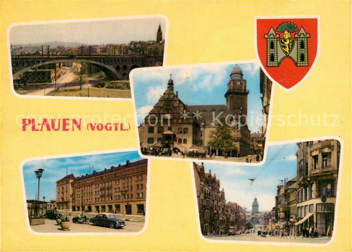 Plauen Vogtland Bruecke Rathaus Kirche Innenstadt Strassenpartie Wappen