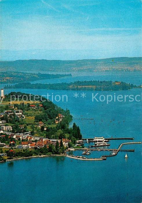 Staad Konstanz Faehrbetrieb im Hintergrund Insel Mainau Fliegeraufnahme