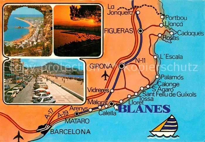 Blanes Landkarte Strand Uferstrasse Panorama Sonnenuntergang