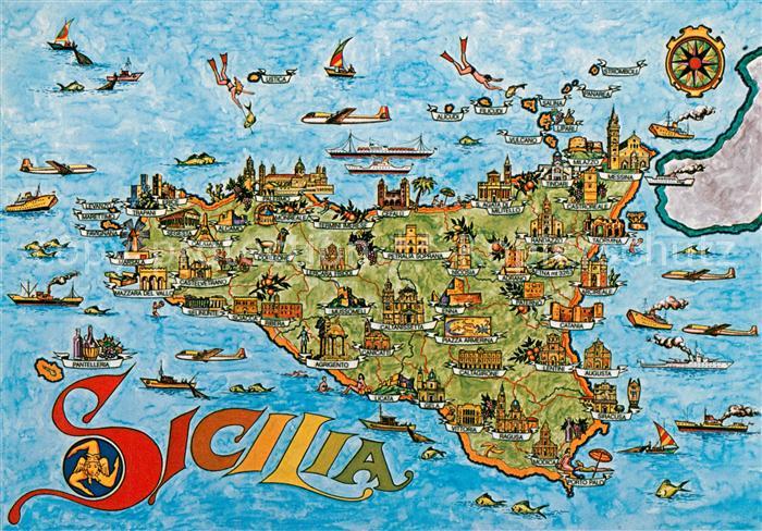 Sicilia Landkarte Insel mit Sehenswuerdigkeiten