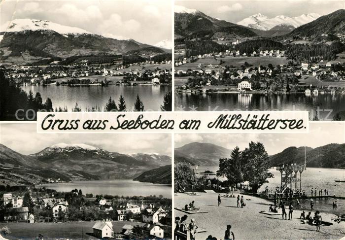 Seeboden Millstaettersee Badestrand Gesamtansicht mit Alpenpanorama