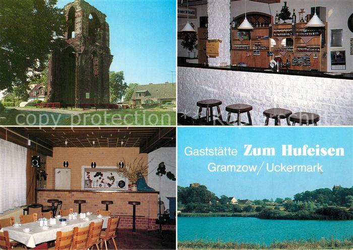 Gramzow Uckermark Klosterruine Gaststaette Zum Hufeisen Saal Gastraum Blick auf