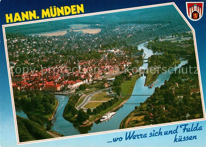 Hann. Muenden Zusammenfluss von Werra und Fulda zur Weser Fliegeraufnahme