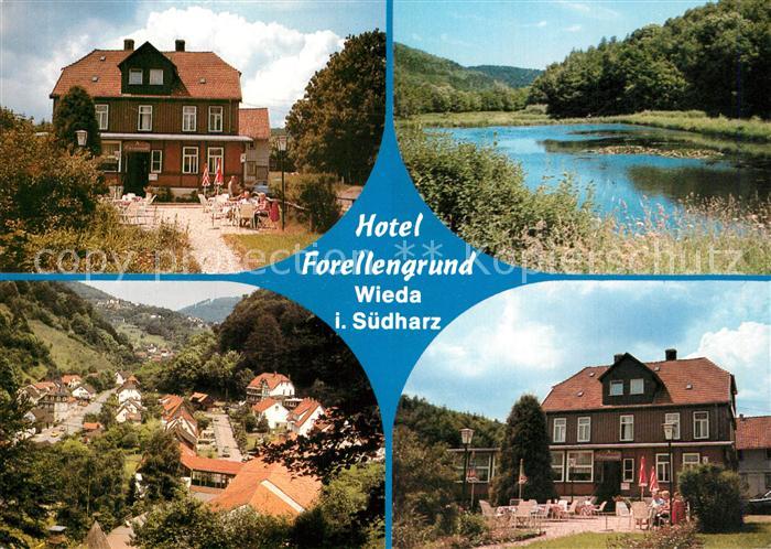 Wieda Hotel Forellengrund Restaurant Terrasse Ortsansicht Teich Natur