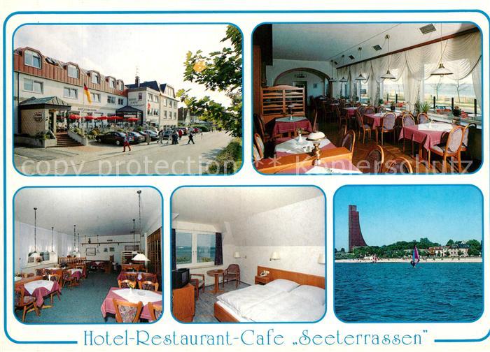 Laboe Hotel Restaurant Cafe Seeterrassen Ansicht vom Meer aus Marine Ehrenmal