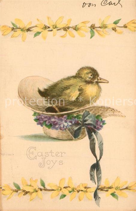 Ostern Easter Paques Kueken Hut Veilchen Litho