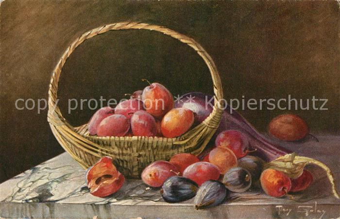 Kuenstlerkarte Mary Golay Stillleben Pflaumen Feigen Aubergine