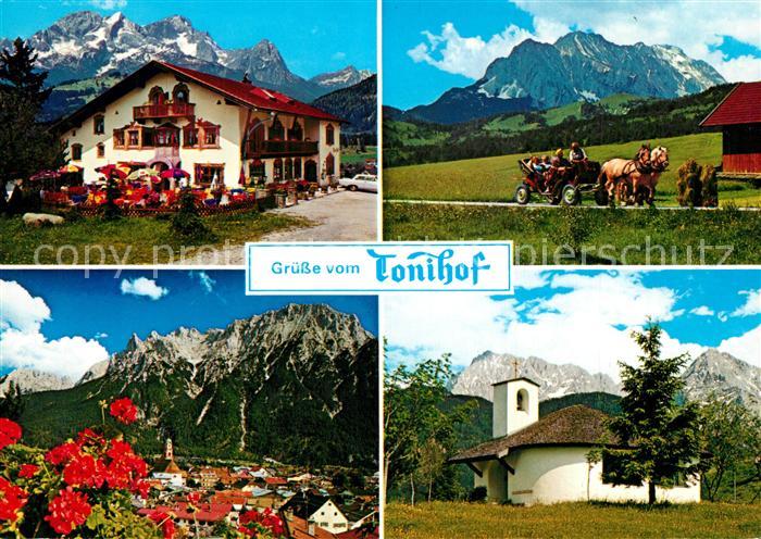 Mittenwald Bayern Hotel Restaurant Tonihof Terrassencafe Kapelle Pferdewagen Alp