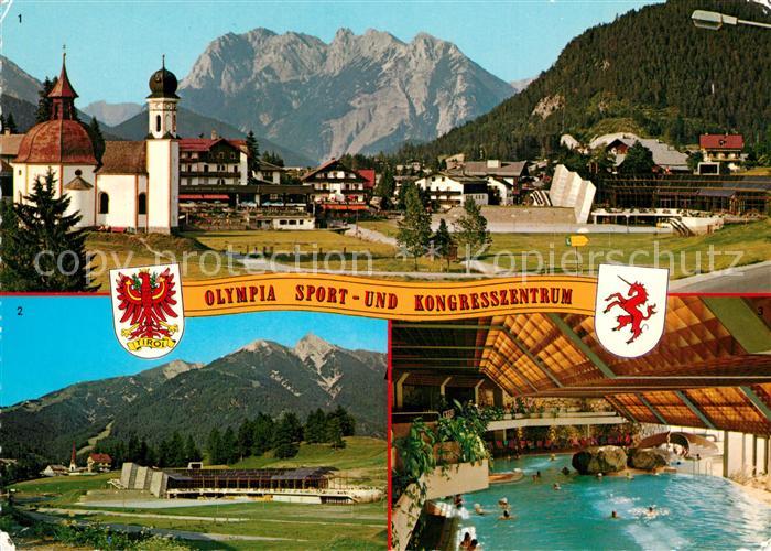 Seefeld Tirol Ortsansicht mit Kirche Blick gegen Karwendelgebirge Reitherspitze