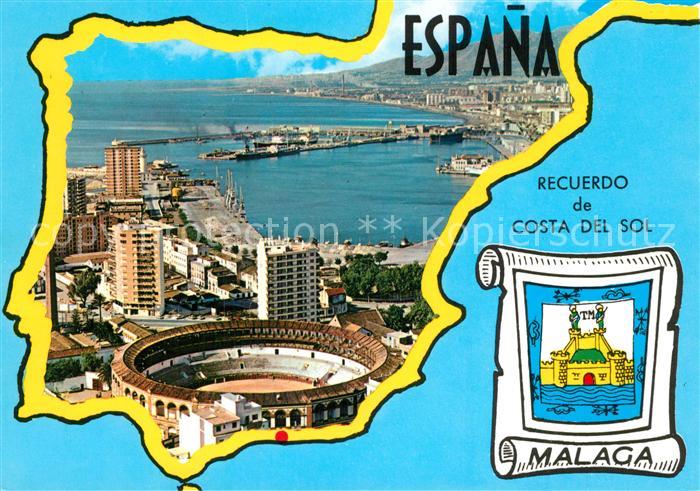Malaga Andalucia Panorama Hafen Stierkampfarena Fliegeraufnahme Wappen