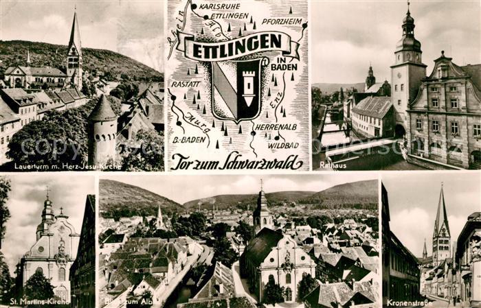 Ettlingen Lauerturm mit Herz Jesu Kirche Rathaus St Martins Kirche Stadtblick Kr